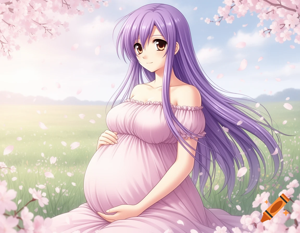 A pregnant anime woman with long purple hair, wearing a pink off-the-shoulder dress, sits smiling in a field dotted with cherry blossoms.