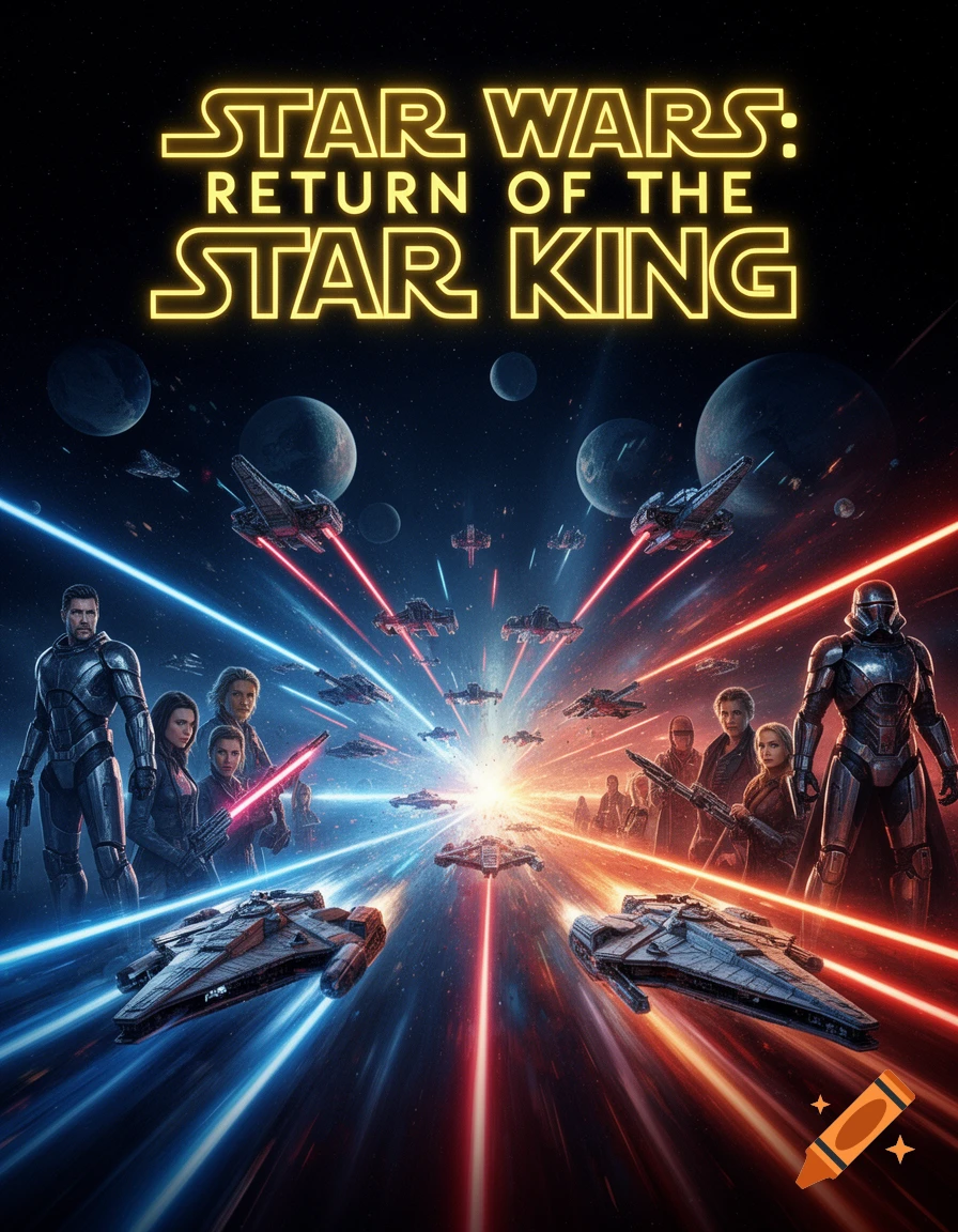 Movie poster for "STAR WARS: RETURN OF THE STAR KING" showing a space battle with characters, spaceships, and blue/red laser beams.