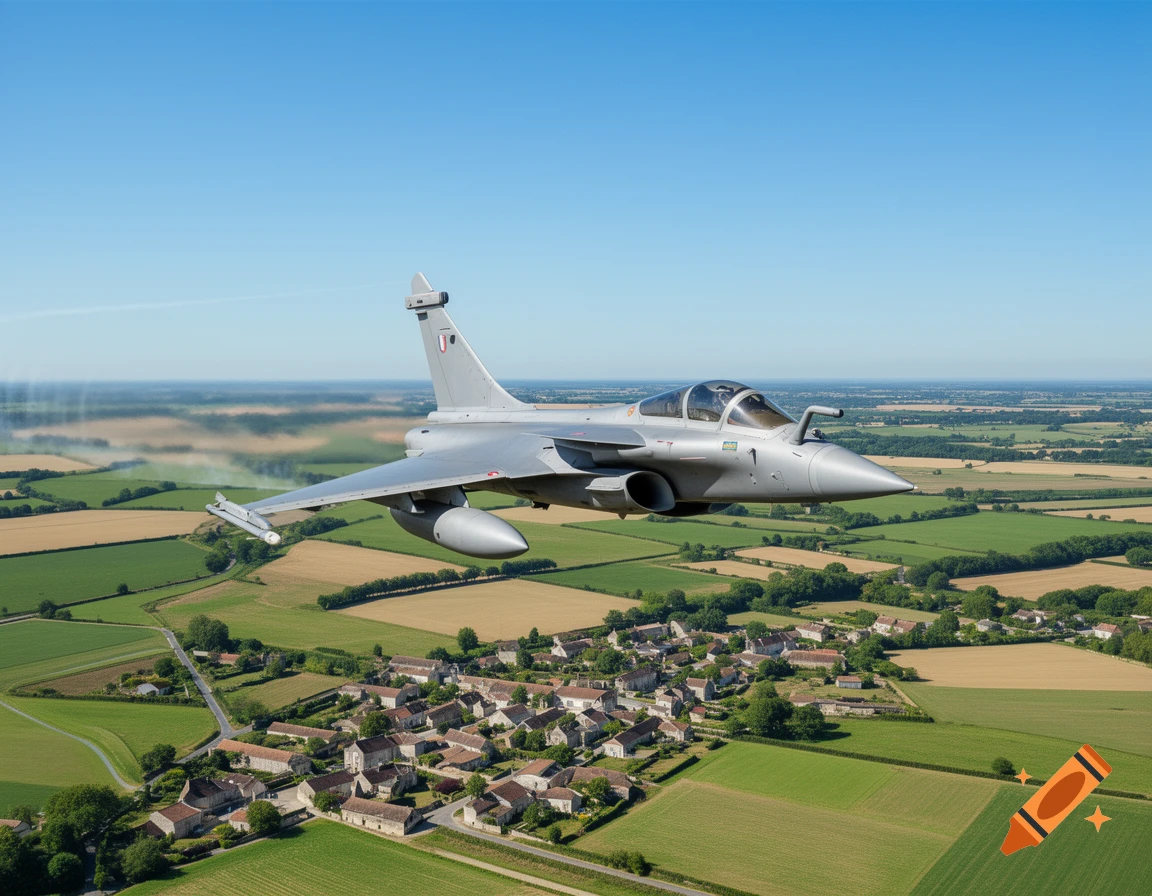 A grey Rafale fighter jet flies over a rural landscape with green and brown fields and a small village under a clear blue sky.