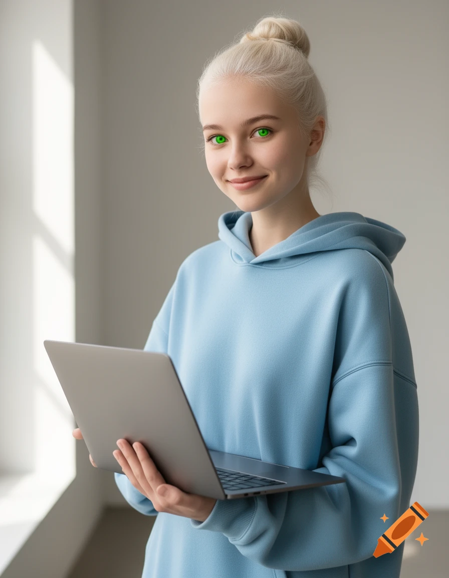 A smiling young woman with platinum hair and bright green eyes, wearing a light blue hoodie, holds a laptop.