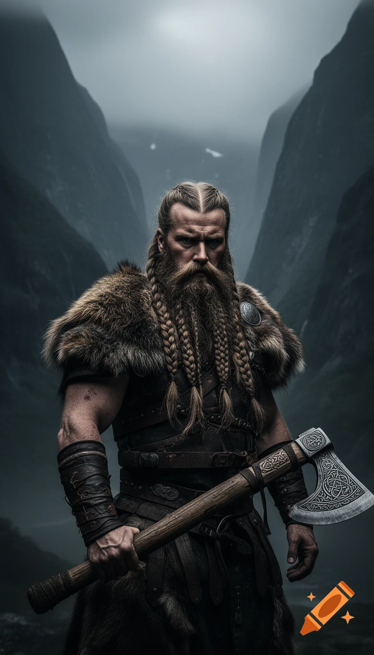 Photorealistic image of a powerful Viking warrior with a long braided beard, fur armor, and axe, standing in misty fjords.
