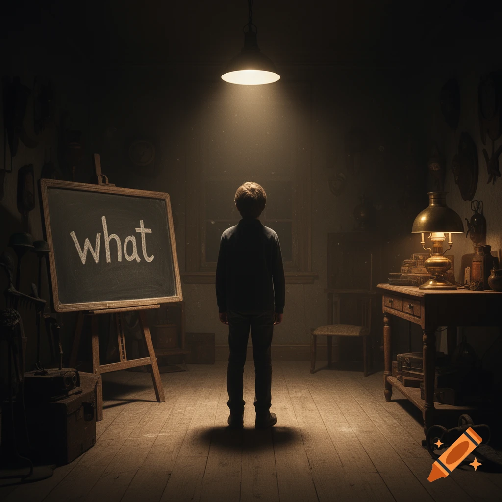 A child stands facing away in a dimly lit, vintage room, looking at a chalkboard with 'what' written on it.