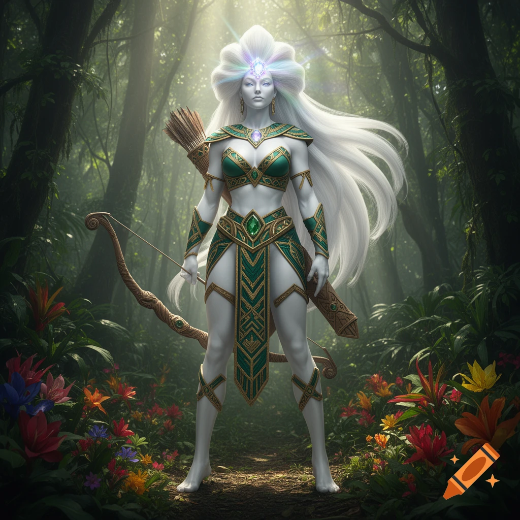 Ethereal Amazonian warrior with white skin and long white hair, clad in green and gold armor, holding a bow in a vibrant jungle.