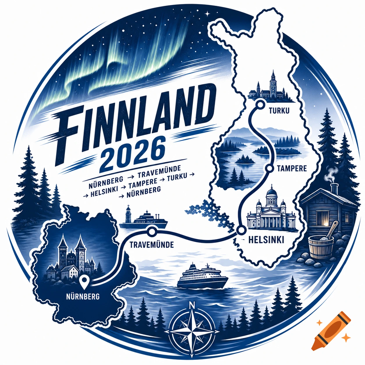 A blue and white travel logo for "Finnland 2026" showing a map of Finland with a route from Nuremberg via Travemunde, Helsinki, Tampere, and Turku, featuring northern lights, ships, and a sauna.