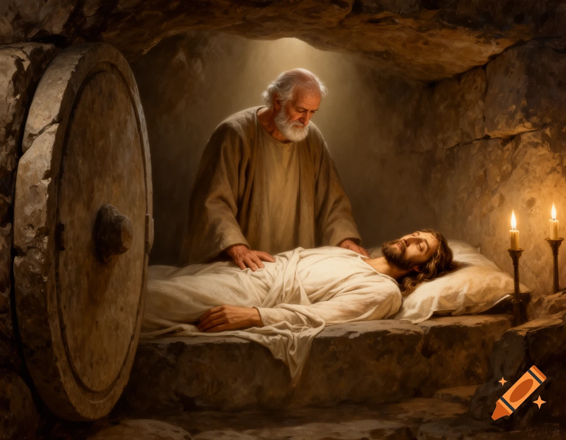 Photorealistic painting: Joseph of Arimathea gently lays Jesus' body in a stone tomb, illuminated by candles, with its circular door open.