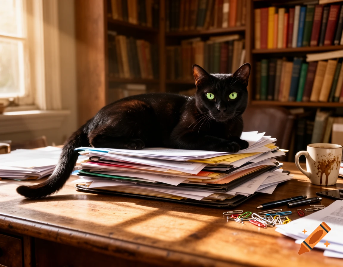 A black cat with vibrant green eyes lies on a stack of files on a wooden desk in a sunlit library.
