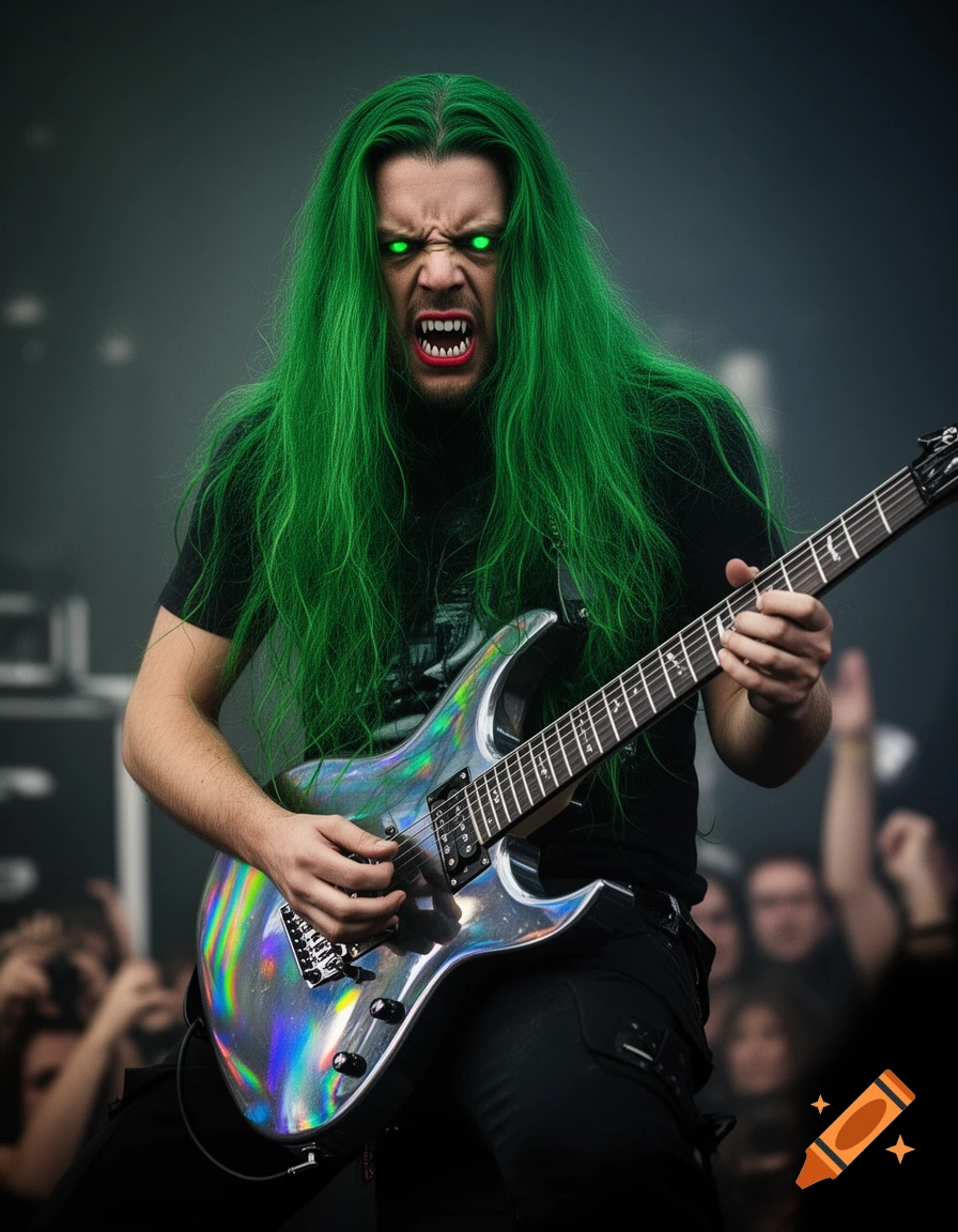 A man with long green hair, glowing green eyes, and sharp teeth intensely plays a holographic electric guitar on stage at a concert.