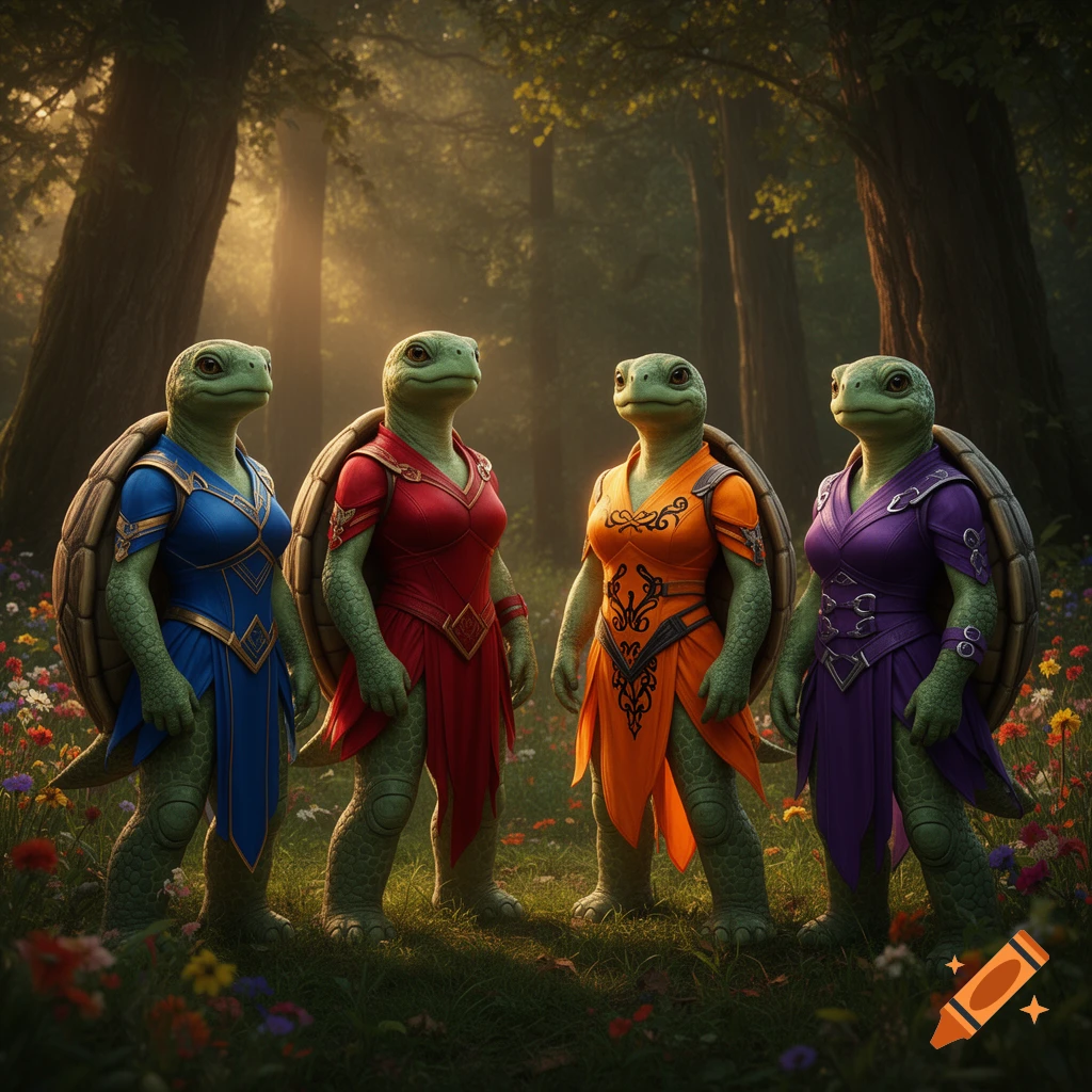 Four anthropomorphic turtles wearing blue, red, orange, and purple outfits stand in a lush forest filled with colorful flowers.