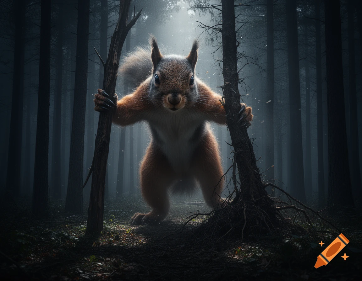 A giant, humanoid squirrel stands menacingly between two trees in a dark, misty forest, looking directly at the viewer.