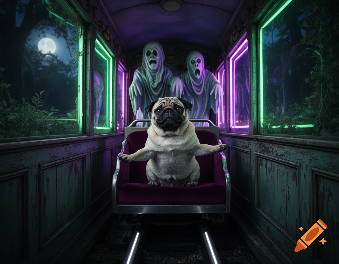 A pug sits in a train car, flanked by two spooky ghosts, riding through a dark forest under a full moon with neon lights.