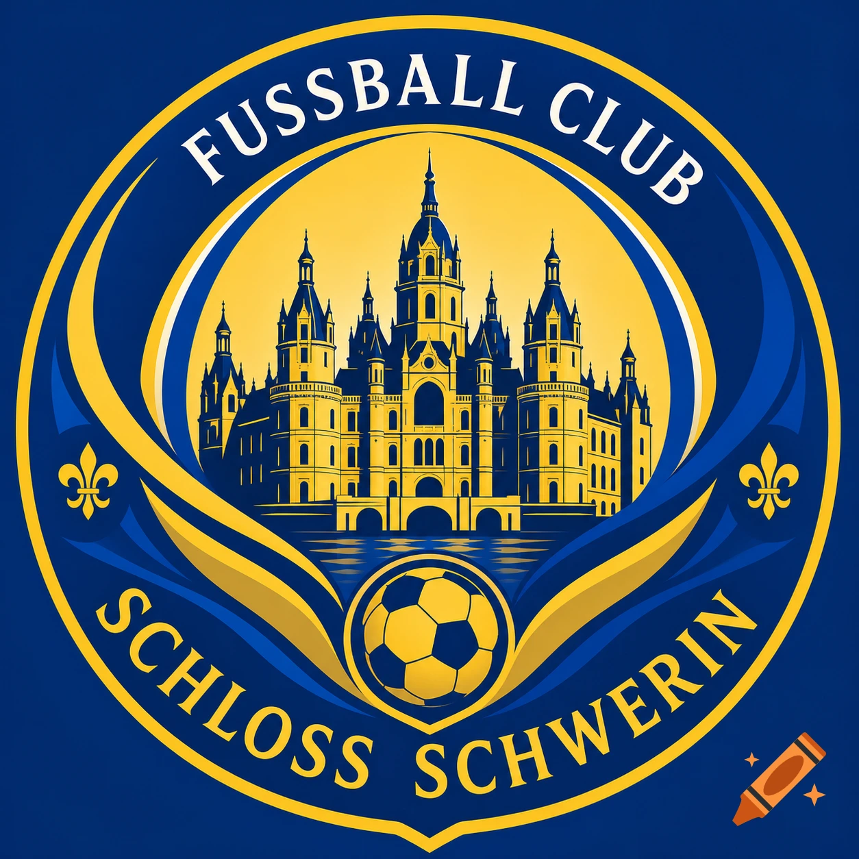 A blue and yellow Fussball Club Schloss Schwerin logo featuring Schwerin Castle, a soccer ball, and fleur-de-lis symbols.