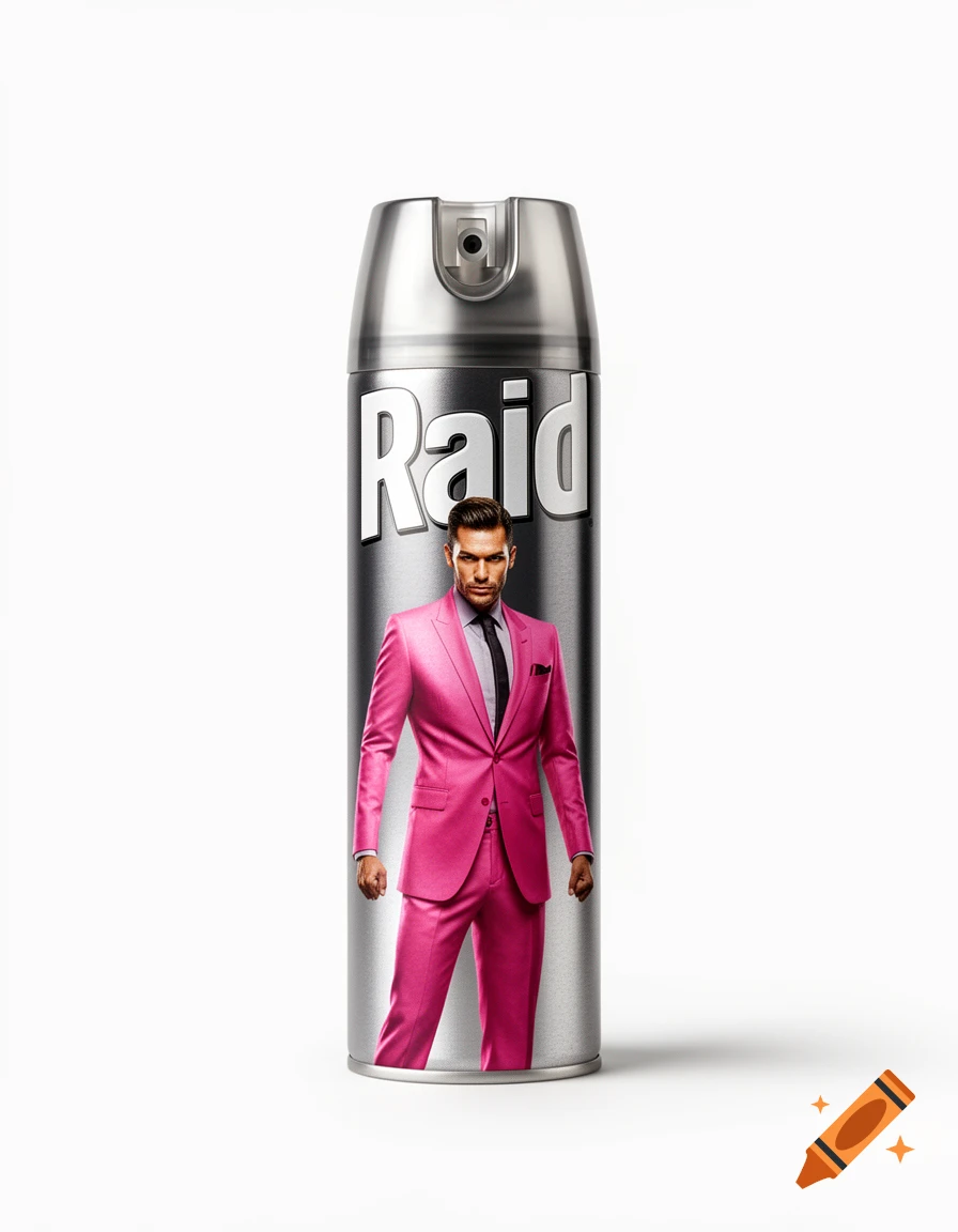 A silver can of Raid bug spray features a man in a vibrant pink suit and dark tie against a white background.
