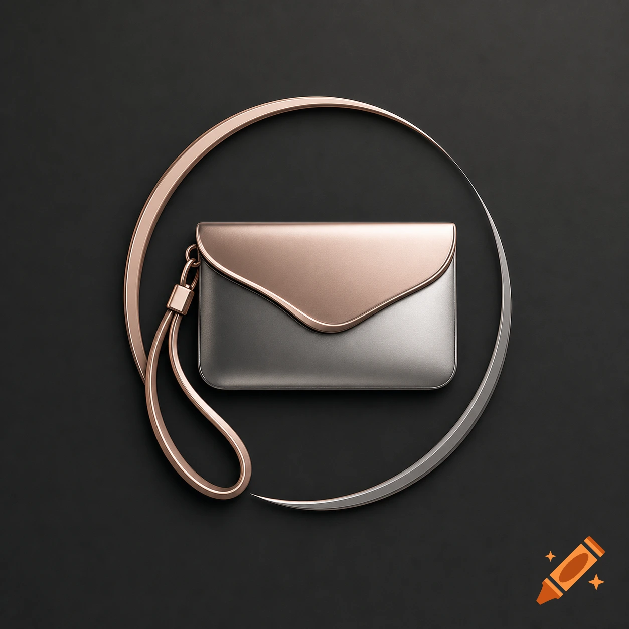 Two-tone rose gold and silver wristlet pouch on a dark background, framed by metallic curves, minimalist style.