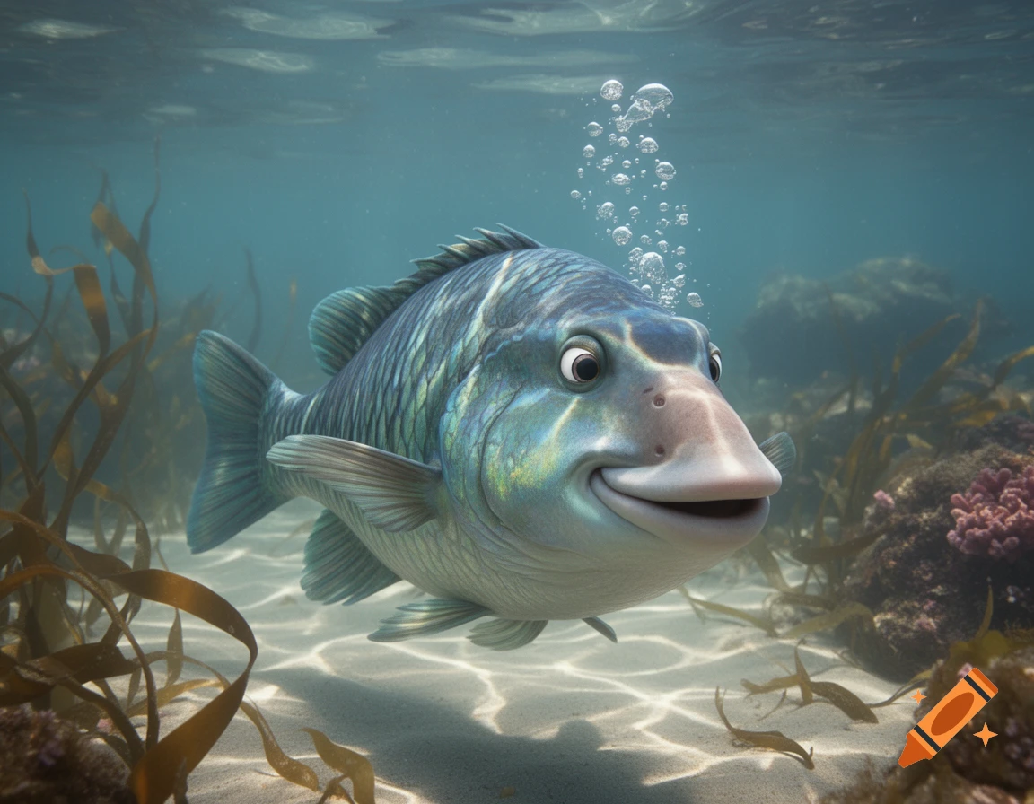 A smiling, cartoonish fish with blue and green scales and a large nose swims underwater amidst seaweed and coral.