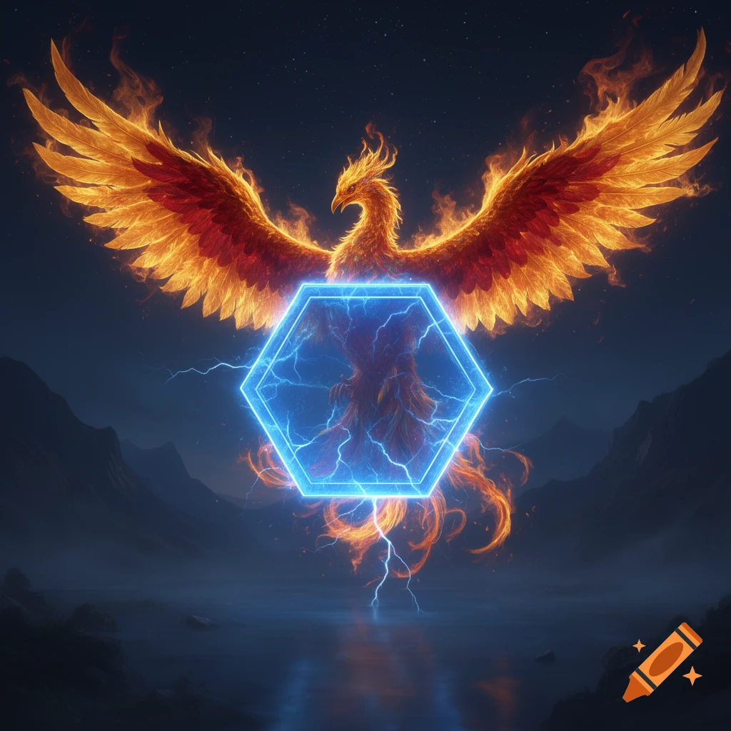 A majestic fiery phoenix with outstretched wings hovers over a glowing blue hexagon in a dark, misty landscape under a starry sky.
