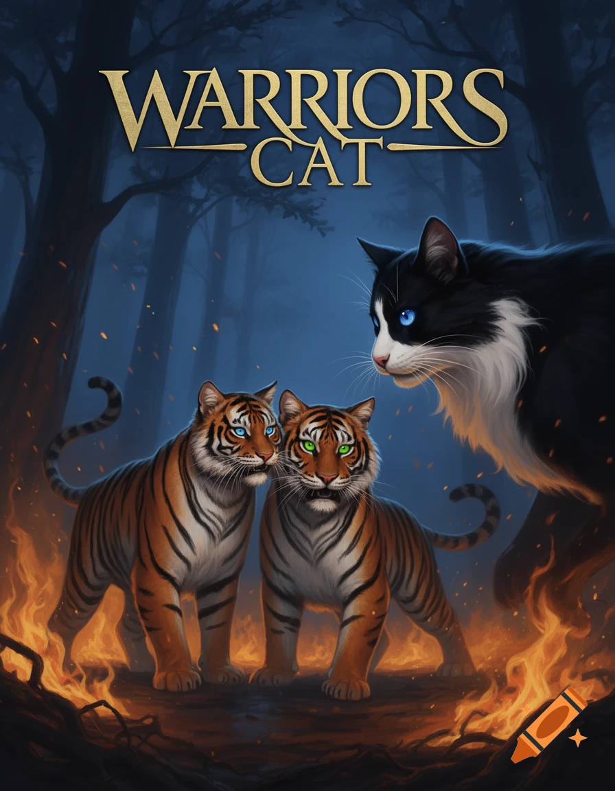 A fantasy book cover depicting two tigers with blue and green eyes and a large black and white cat in a fiery forest, with the title 'WARRIORS CAT'.
