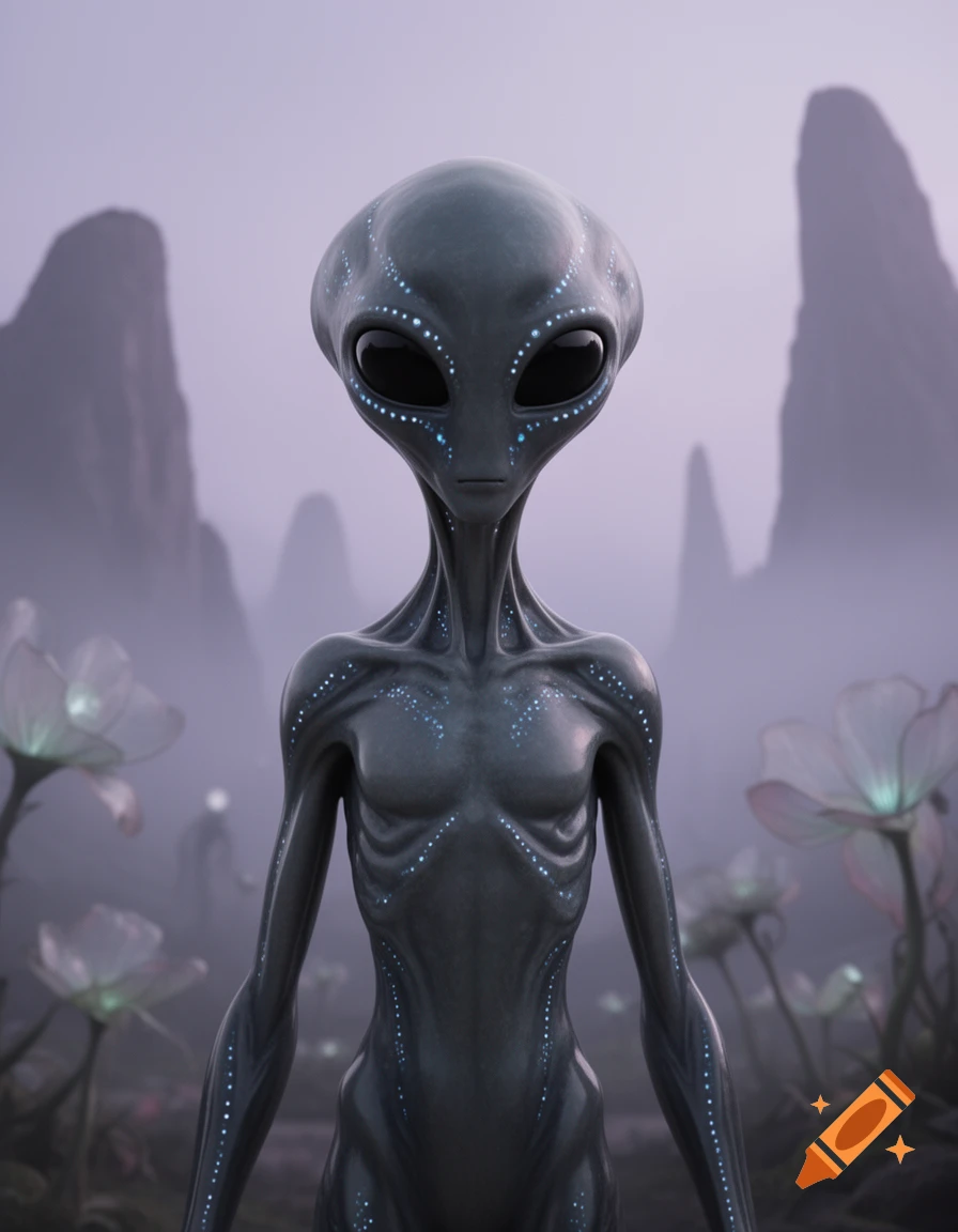 A photorealistic depiction of a grey alien with glowing specks on its skin, standing in a misty alien landscape with glowing flowers.