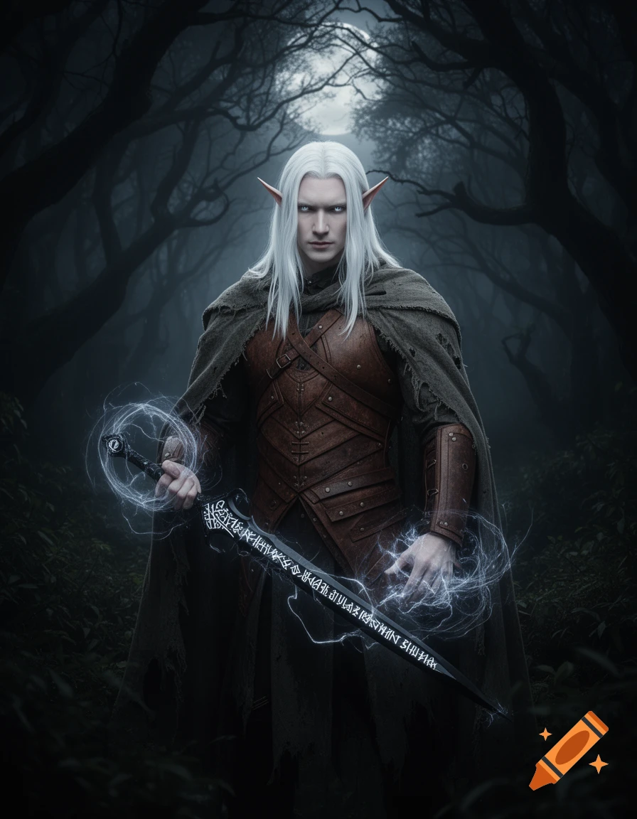 Photorealistic gothic dark elf warrior with white hair, silver eyes, leather armor, cloak, holding a magical energy sword in a dark forest.