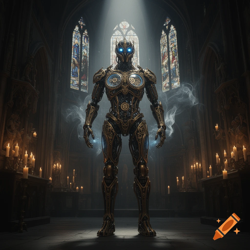 A majestic golden and black gothic robot with glowing blue eyes stands in a dimly lit cathedral with stained glass windows and lit candles.