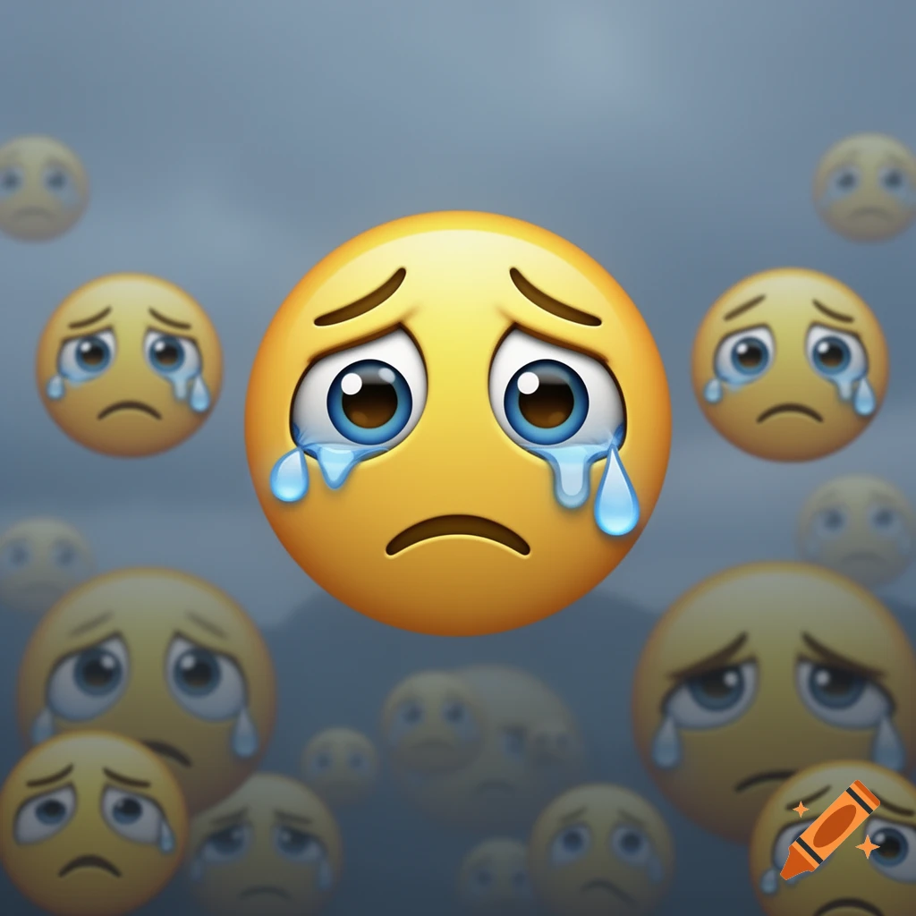 A large, teary-eyed crying emoji is prominent in the center, surrounded by numerous smaller, faded crying emojis on a blue-grey background.