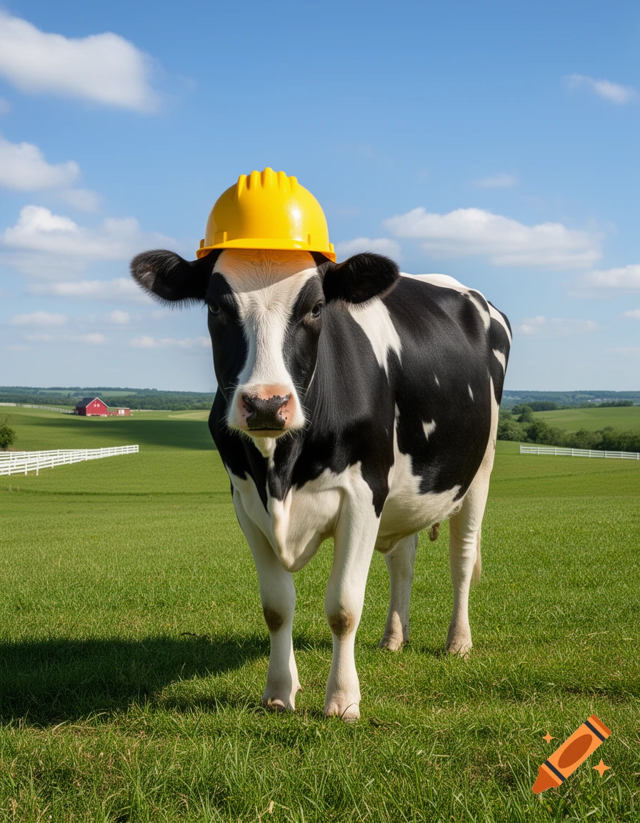 A black and white cow wears a yellow hard hat while standing in a green pasture under a clear blue sky, with a red barn in the distance.