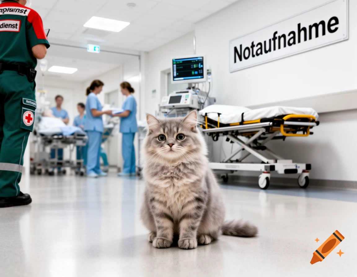 A fluffy grey cat sits on a hospital floor with medical staff, equipment, and a sign reading "Notaufnahme" in the background.