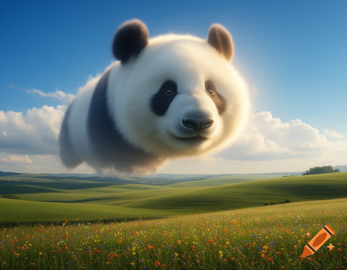 A giant fluffy panda cloud floats over a vibrant green landscape with a field of colorful wildflowers under a blue sky.
