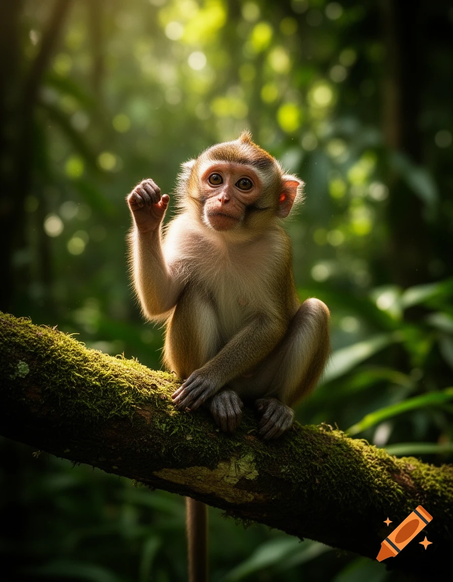 A cute baby monkey with big eyes sits on a mossy branch in a lush jungle, raising one hand.