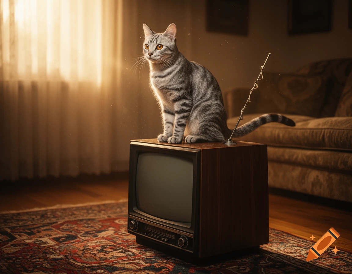 A photorealistic tabby cat with orange eyes sits on a vintage wooden television set in a warm, dimly lit room with a patterned rug.