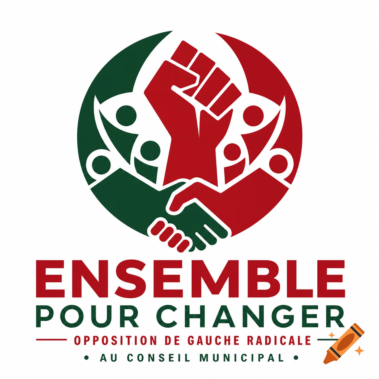 Logo with a raised red fist, a green handshake, and abstract figures in a circle, above French text.