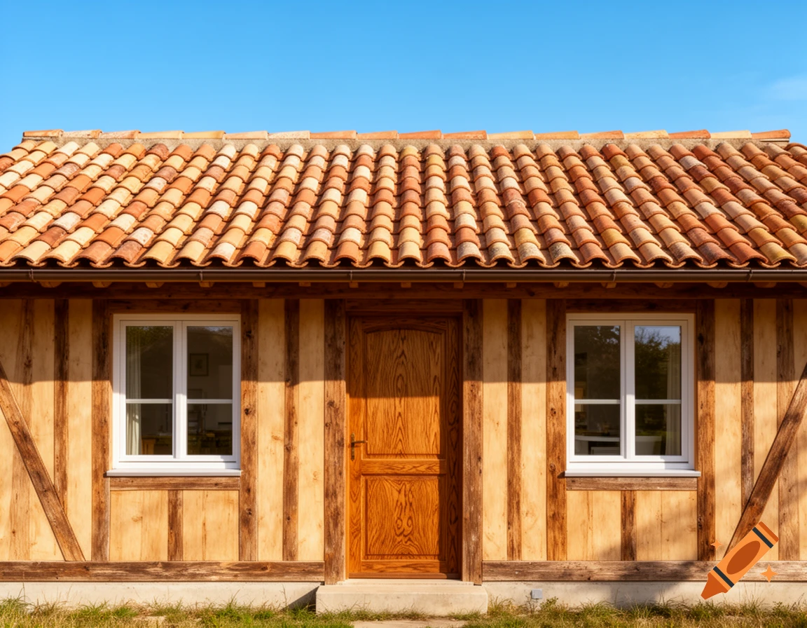 A close-up of a house facade with a timber frame, wooden cladding, a central wooden door, two white windows, and a terracotta tile roof under a clear blue sky.
