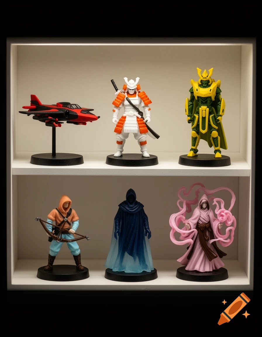 Six board game miniatures displayed on two white shelves: a red bomber, an orange and white samurai, a green and yellow sentinel, an apricot and blue ranger, a dark and light blue shadow, and a pink and brown mage.