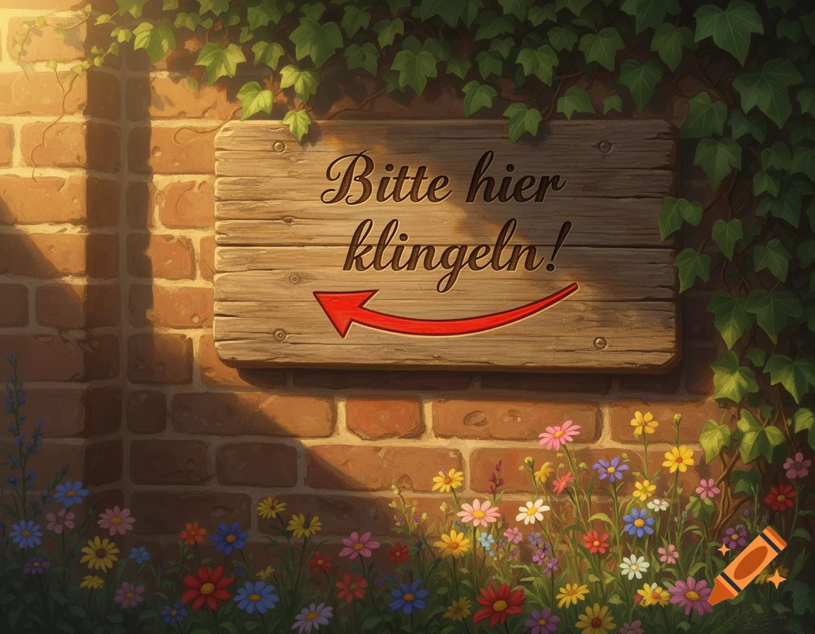 A wooden sign on a brick wall with ivy, reading "Bitte hier klingeln!" and a red arrow pointing left. Colorful flowers bloom below.