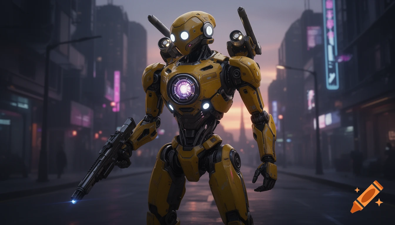 A detailed yellow futuristic scout mech with glowing eyes and a plasma rifle stands on a cyberpunk city street at dusk.