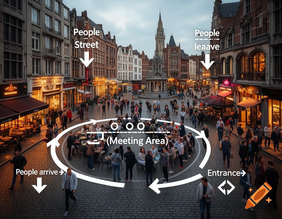Overhead view of a bustling European city square with people, shops, and a central meeting area outlined by arrows and text explaining movement flow.