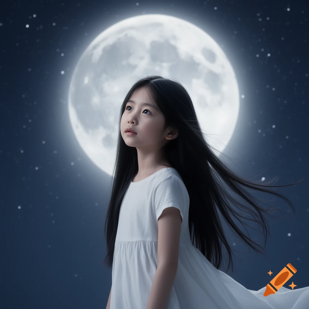A young Asian girl with long black hair, wearing a white dress, looks up at a large full moon in a starry night sky. Photorealistic.