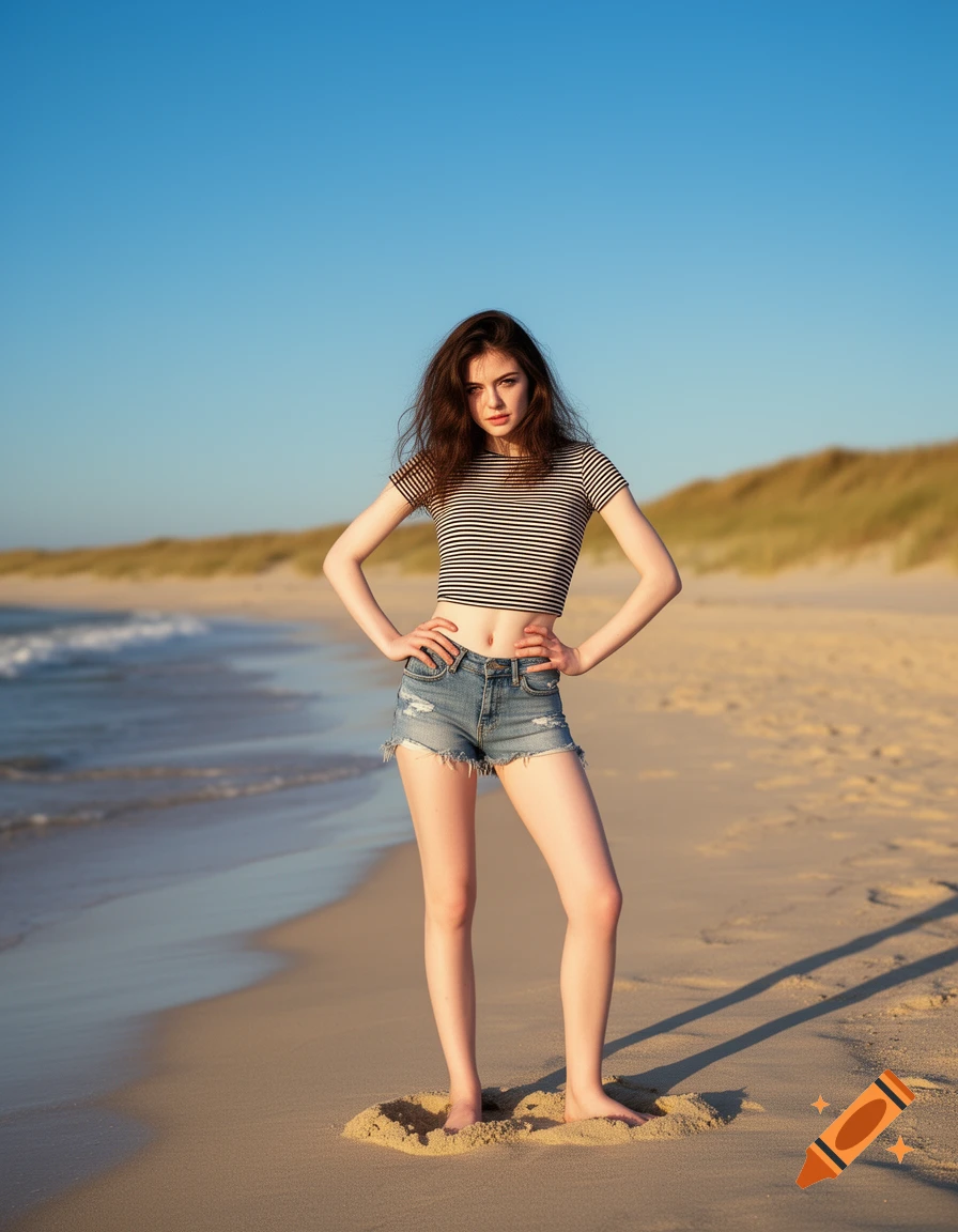 A young woman with dark hair in a striped crop top and denim shorts stands barefoot on a sandy beach.