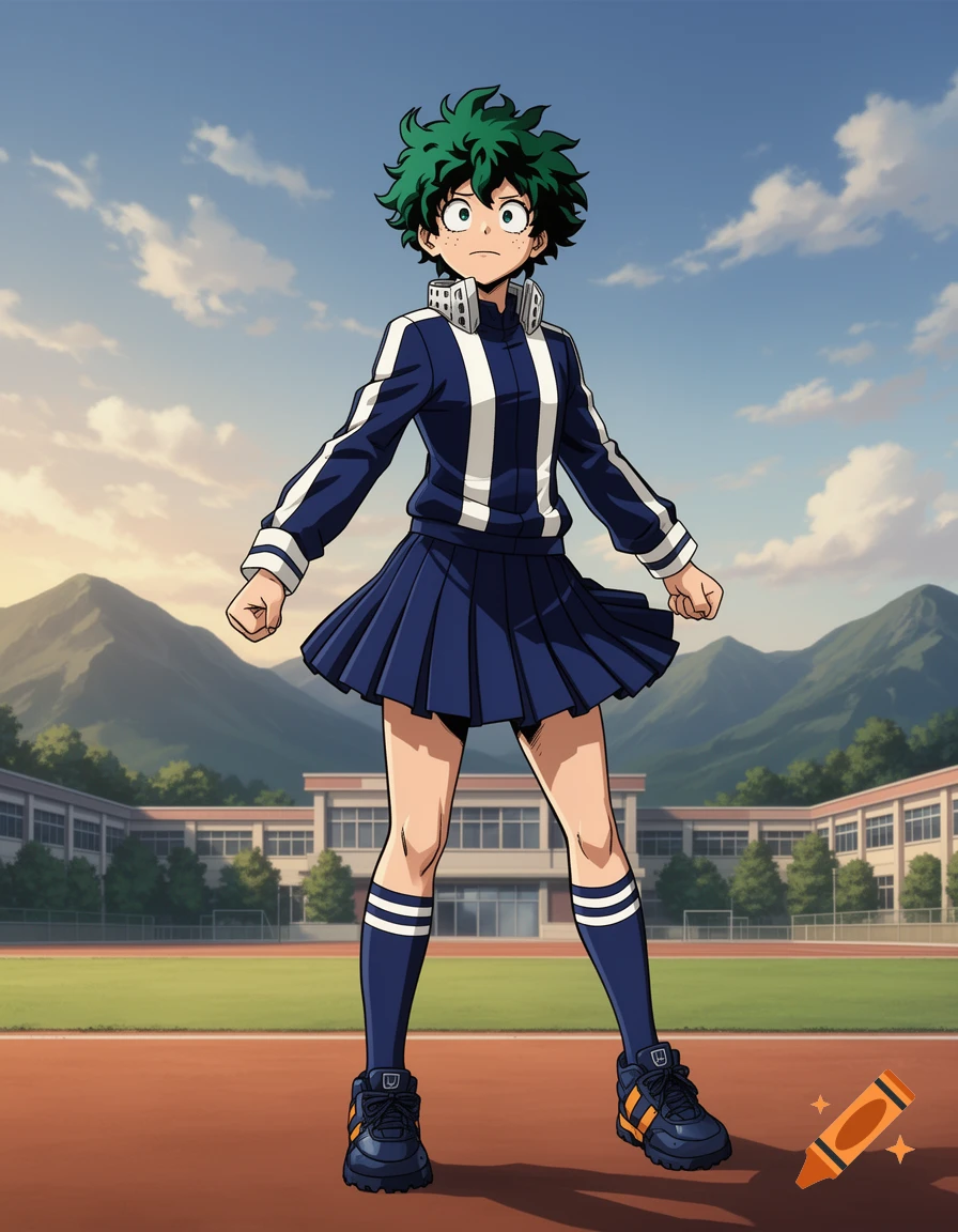 Green-haired anime character in a blue and white striped training uniform with a pleated skirt, standing on a track field with a school in the background.