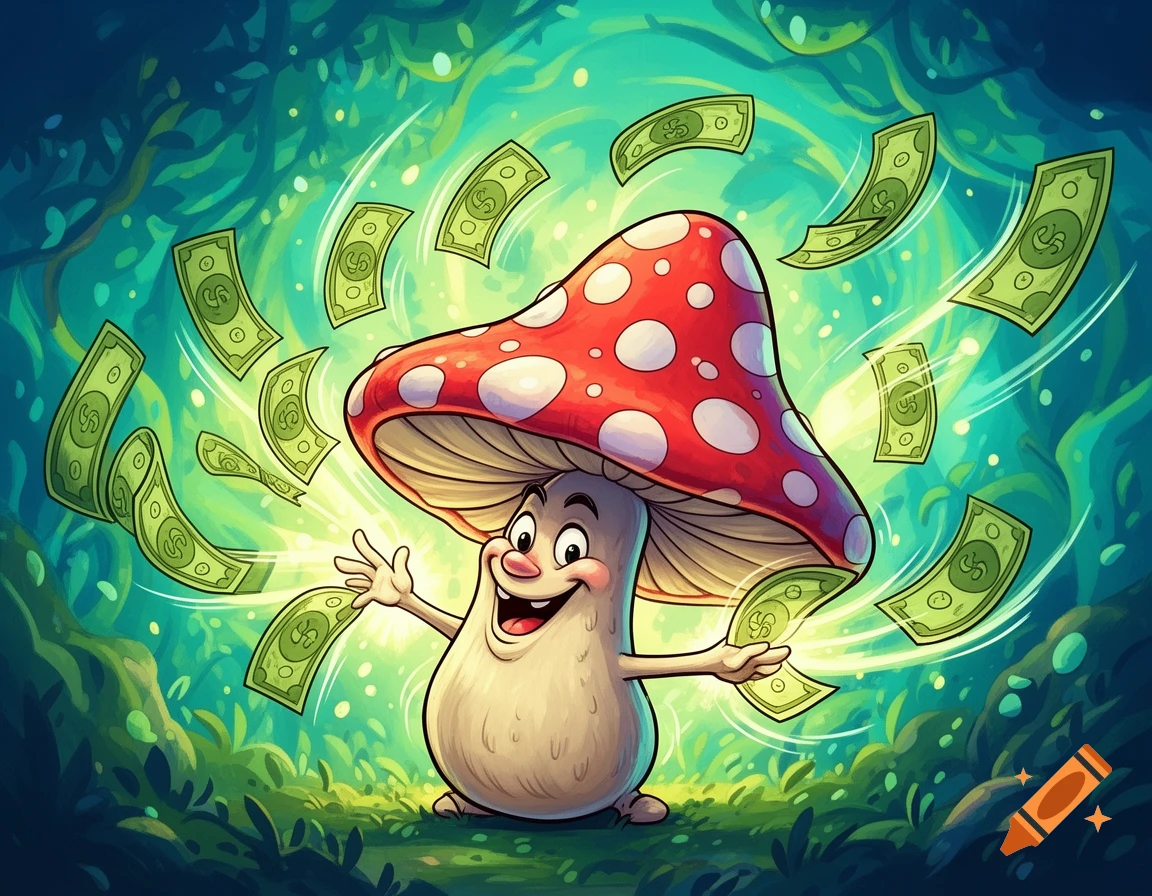 A happy cartoon mushroom with a red spotted cap smiles while throwing green money bills around in a glowing fantasy forest.