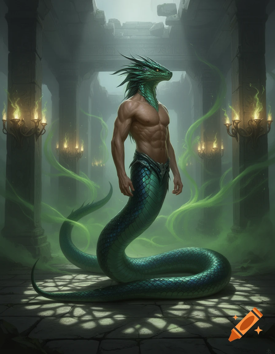 A muscular male naga with green scales and a coiled serpent tail stands in ancient, misty ruins with dramatic lighting.