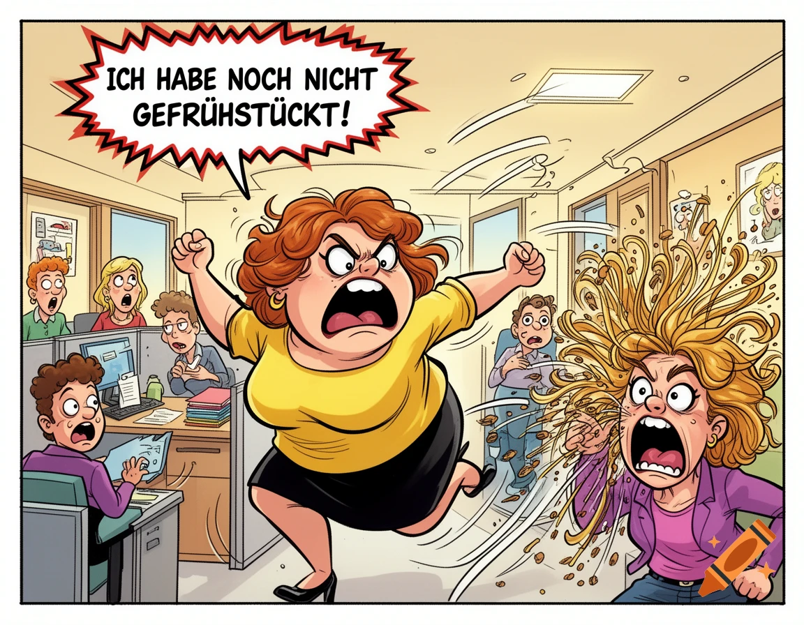 A cartoon woman throws cereal at a colleague in an office, exclaiming "I haven't had breakfast yet!" in a speech bubble.