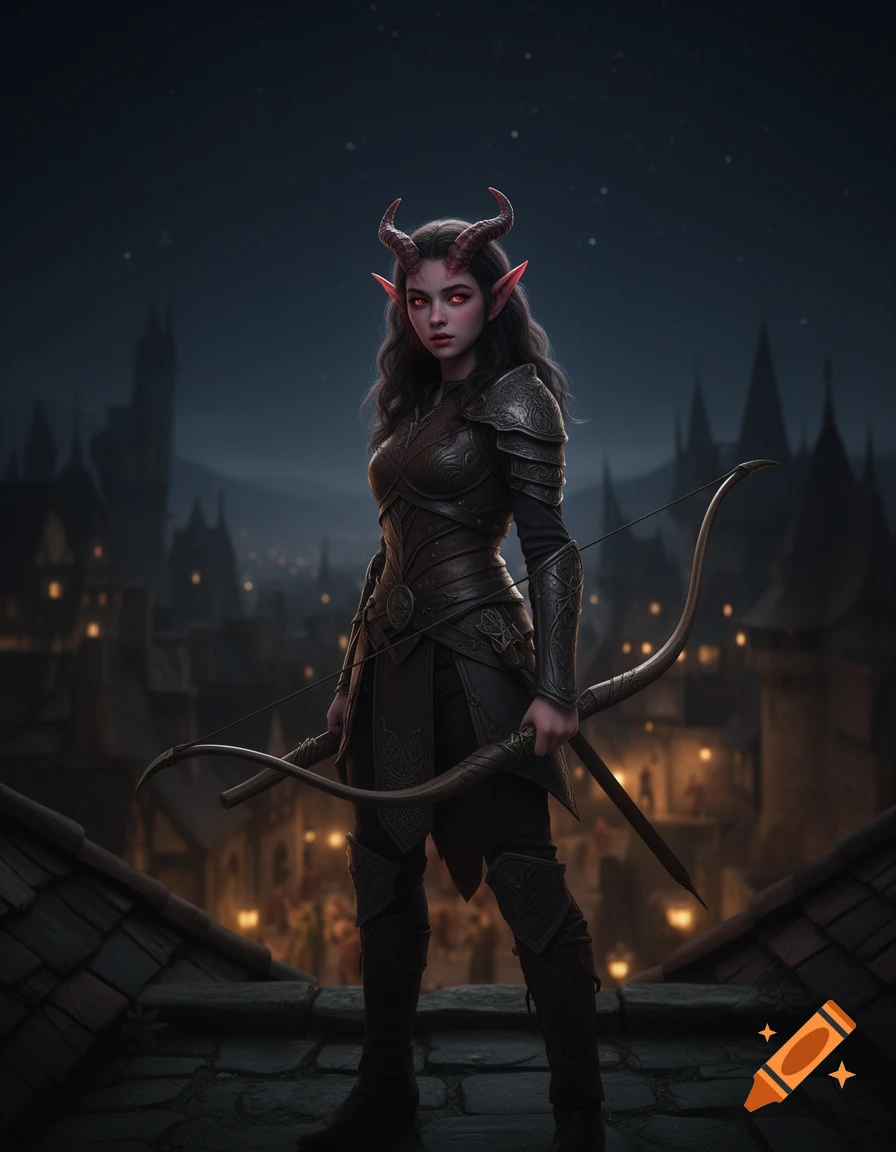 A young female tiefling archer with red eyes, small horns, and dark leather armor stands on a medieval city roof at night, holding a longbow.