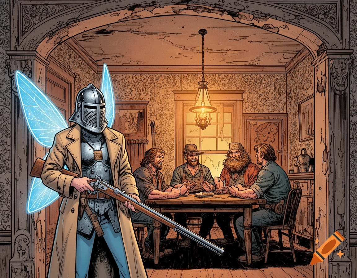 A comic art illustration of an armored fairy with glowing blue wings holding a rifle, standing in a doorway overlooking four men at a table in an old colonial house.