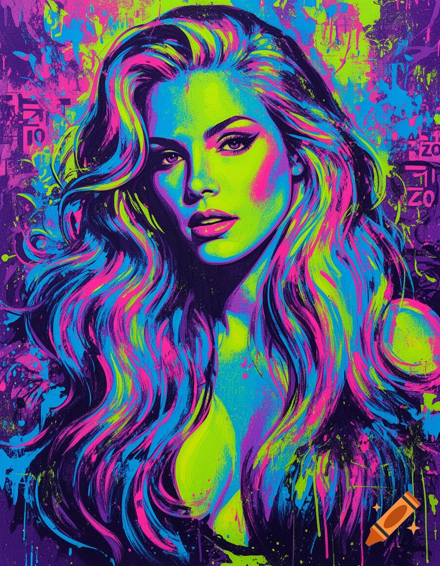 A vibrant pop art portrait of a woman with long, flowing hair in neon pink, blue, green, and purple, against a grunge background.
