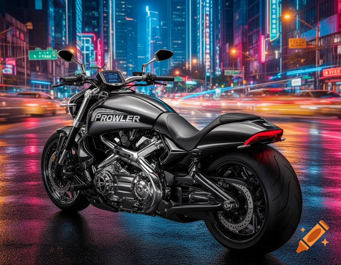 A dark grey Prowler motorcycle parked on a wet street at night, illuminated by neon city lights and blurred traffic.