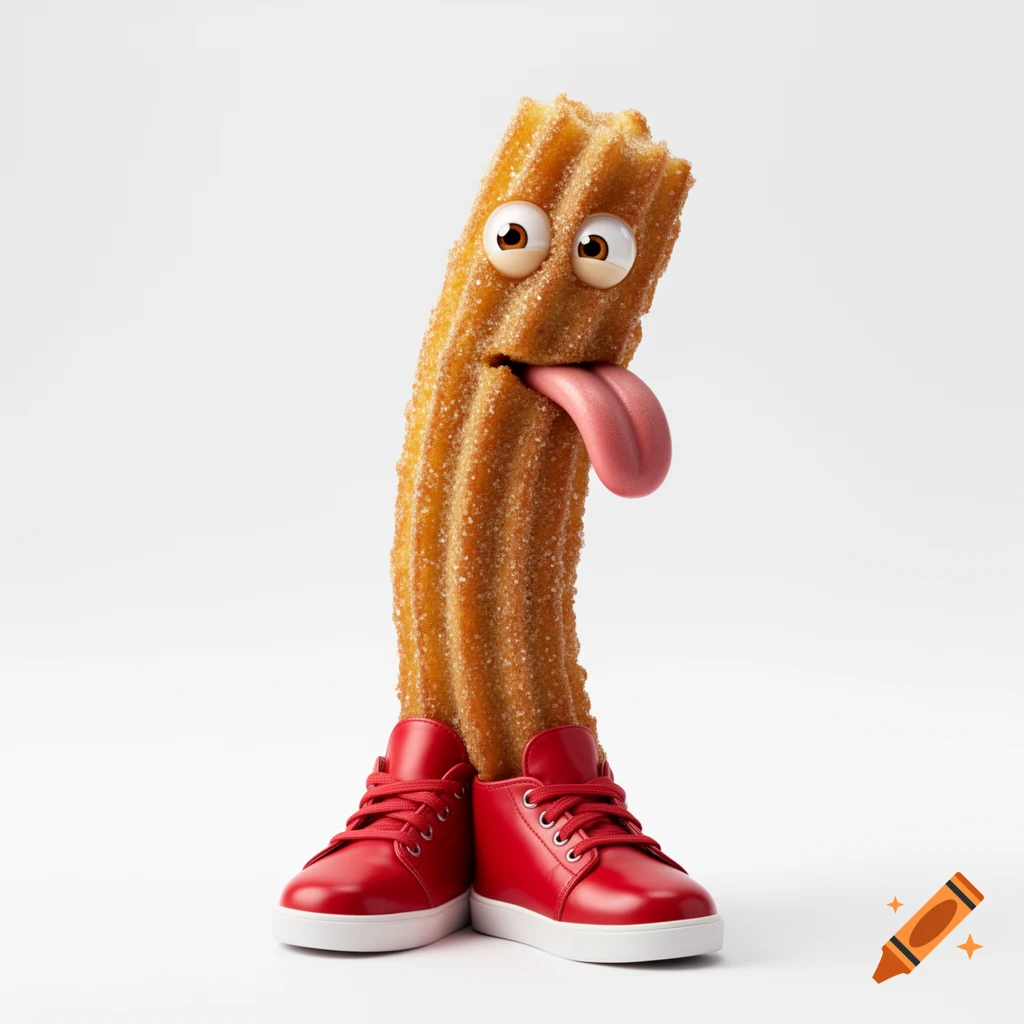 A whimsical churro character with wide eyes and a pink tongue sticking out, wearing red sneakers, on a white background.