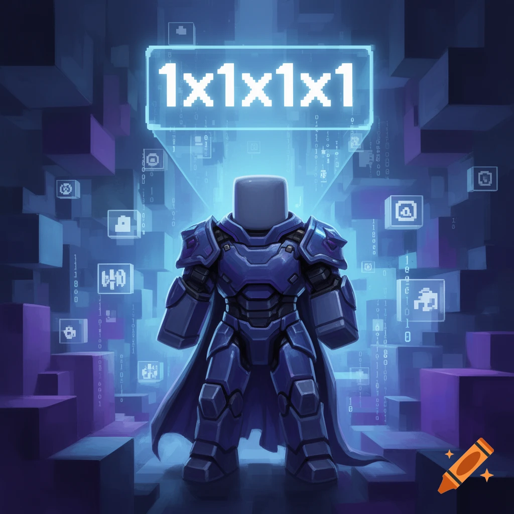 A blocky character in blue futuristic armor stands amidst digital code, with '1x1x1x1' glowing above its head.
