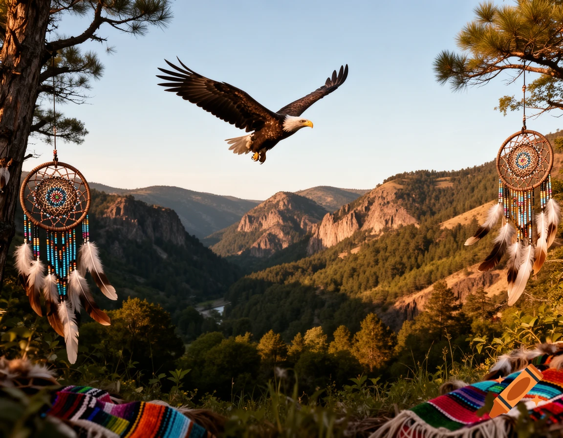 A bald eagle flies over a scenic mountain valley with two dreamcatchers and a colorful blanket in the foreground.