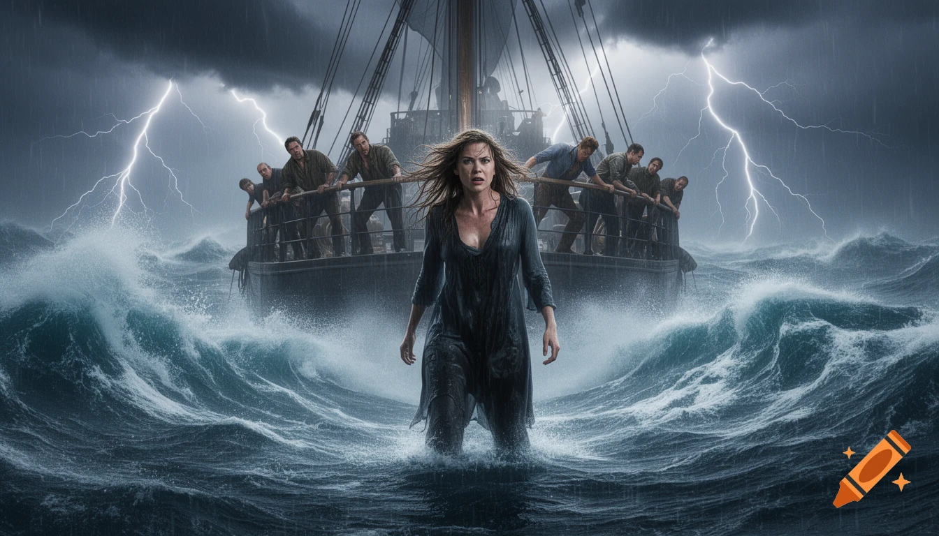 A fearful woman stands in a stormy sea with a ship and crew battling waves and lightning behind her.