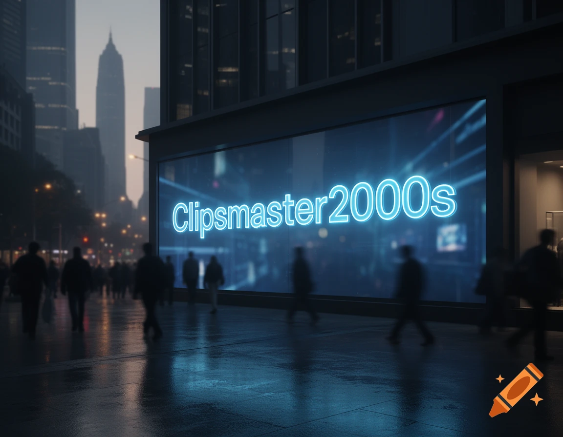 A photorealistic cityscape at dusk, featuring a wet street with blurred pedestrians and a building with a large neon sign displaying 'Clipsmaster2000s'.